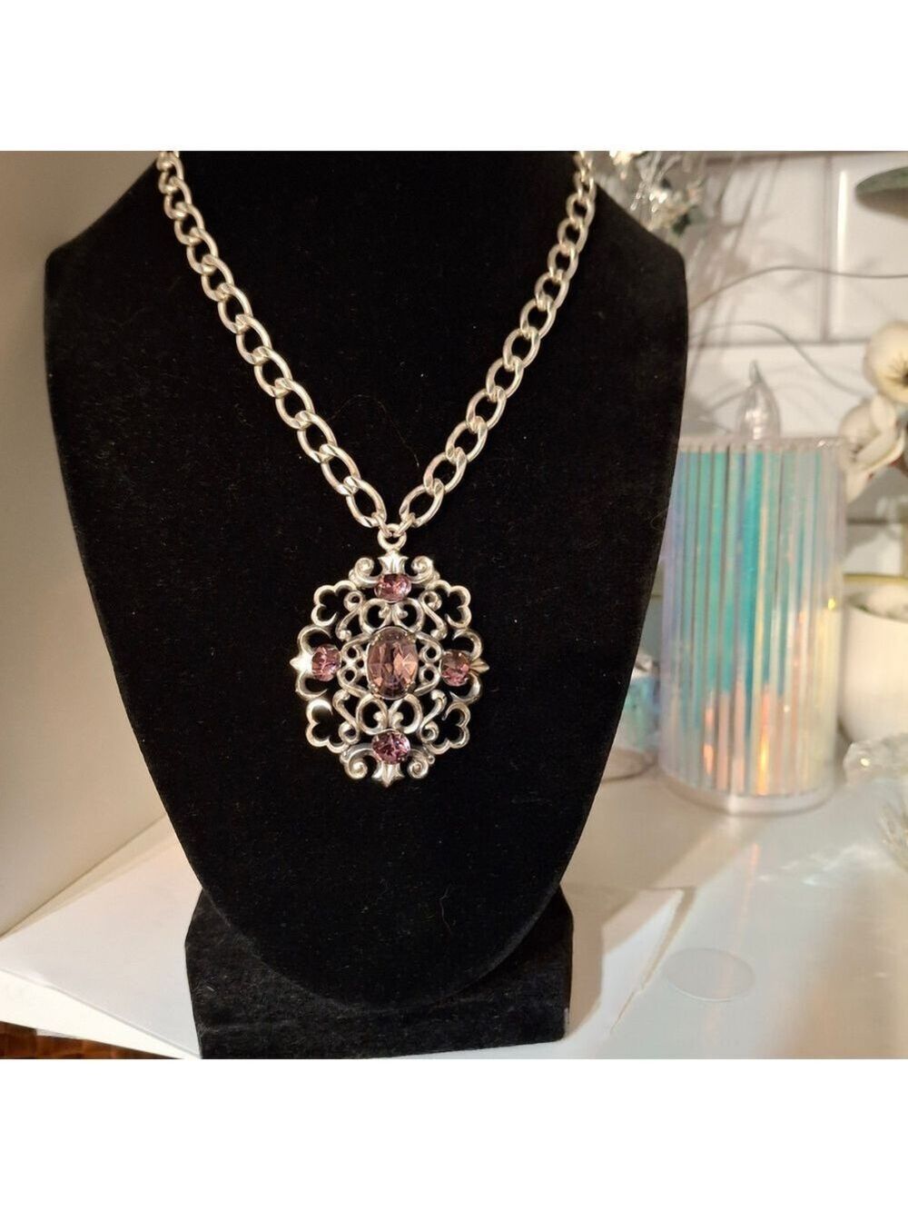 Napier Vintage Silver Scrollwork & Purple Pendant Necklace 14" Chain 2" Pendant